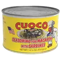 a yellow can of cuoco brand seasoning for macaroni and sardines