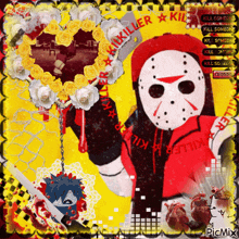 a picture of a jason voorhees holding a knife with the words kill someone written on it