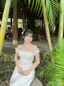 a girl in a white dress sits on a rock