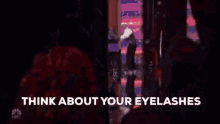 a man and two women are sitting next to each other with the words `` think about your eyelashes '' written on the bottom .