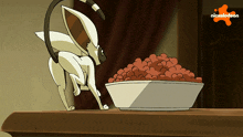 a cartoon of a cat looking at a bowl of food with nickelodeon in the corner
