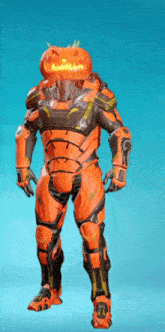 a futuristic soldier with a pumpkin on his head .