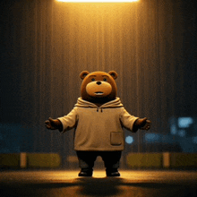 a teddy bear wearing a hoodie is standing in the rain with his arms outstretched