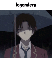 a man in a suit and tie holding an umbrella with the word legenderp on top