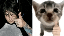 a man giving a thumbs up next to a picture of a cat