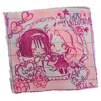 a drawing of two girls with a heart that says love you on it
