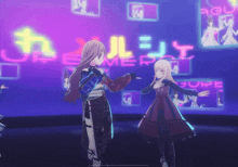 two anime girls are dancing in front of a neon sign that says ' agui '