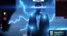 a man in a suit is standing in front of a screen that says " gg buddy "