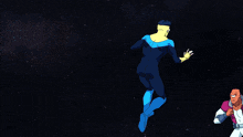 a cartoon character with a purple sweater and a white shirt is flying through the air