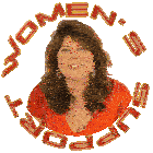 a woman in a red shirt with the words women 's support around her
