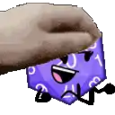 a person is holding a purple dice with a face and arms .