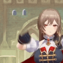 a girl with long brown hair and red eyes is standing in a room in a video game .
