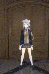 a girl in a school uniform is standing next to a sign that says vr