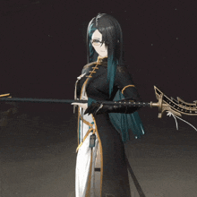 a woman in a black dress holding a sword