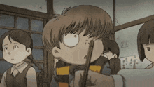 a cartoon of a boy holding a pencil in front of a group of children .