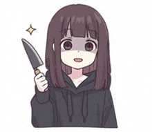 a girl in a black hoodie is holding a knife in her hand .