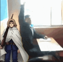 a man with a rifle is raising his hand in a classroom while another man sits at a desk in the background .