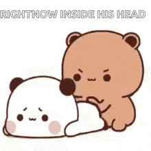a couple of teddy bears are laying next to each other and one of them is putting something in the other 's head .