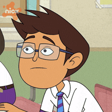 a cartoon of a boy wearing glasses and a tie with a nick logo behind him