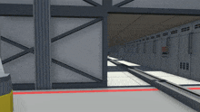 a computer generated image of a subway station with a red line on the floor