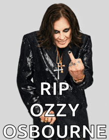 a poster that says rip ozzy osbourne with a picture of ozzy giving the middle finger