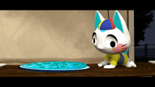 a cartoon cat with a colorful hat looks at a pizza
