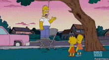 homer simpson is hanging himself from a tree while bart simpson and lisa simpson watch .