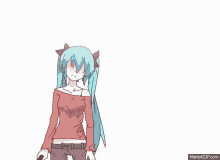 a girl with blue hair is holding a sword in her hand .