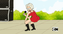 a cartoon of a woman in a red dress holding a microphone with the cn logo on the bottom