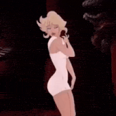 a cartoon woman in a white dress is dancing .