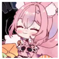 a little girl with pink hair is smiling and holding a stuffed animal in her hands .