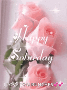 a bouquet of pink roses with the words `` happy saturday i love you bunches ''