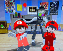 two cartoon characters are standing next to each other in a room with posters on the wall