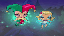 a cartoon drawing of a jester and a blonde girl