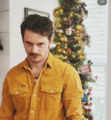 a man in a yellow shirt is standing in front of a christmas tree with the number 1/3 on the bottom right