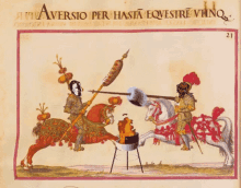 a drawing of a man riding a horse with the words aversio per hasta eovestre vinq on the bottom
