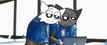 two people wearing blue shirts with a lanyard that says ' x ' on it