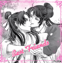 a black and white drawing of two men kissing with the words best friends written in pink