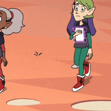 a cartoon character with green hair and red boots is walking