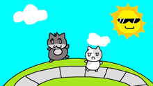 a cartoon of two cats standing on a hill with a sun behind them