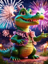 a cartoon crocodile with fireworks behind it