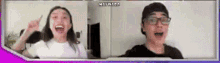 a man and a woman are having a video call . the woman is wearing glasses and the man is wearing a hat .