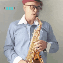 a man playing a saxophone with the word ben on the bottom left