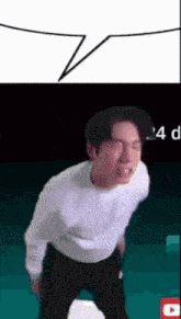 a man in a white shirt and black pants is standing in front of a speech bubble that says 4 d