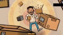 a cartoon of a man holding a box that says hey oh on it