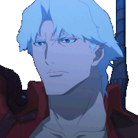 a drawing of a man with blue hair and a red shirt