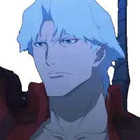 a drawing of a man with blue hair and a red shirt