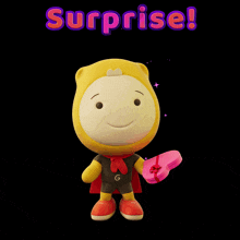 a cartoon character is holding a pink heart and the words surprise behind him