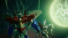 two transformers are standing in front of a green lightning bolt