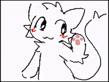 a black and white drawing of a cat with a red paw print